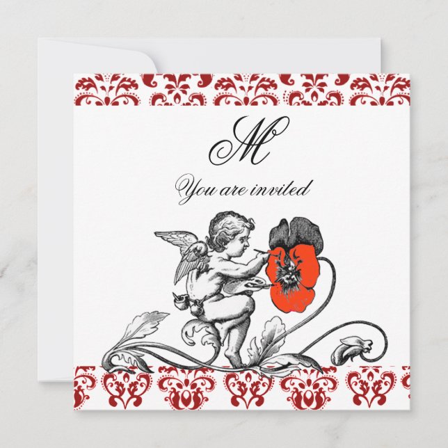 ANGEL PAINTING A RED FLOWER DAMASK MONOGRAM INVITATION (Front)