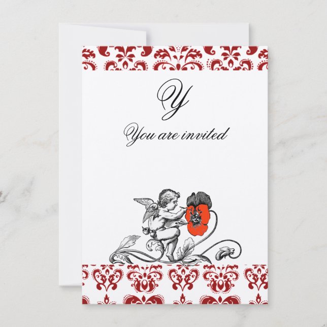 ANGEL PAINTING A RED FLOWER DAMASK MONOGRAM INVITATION (Front)