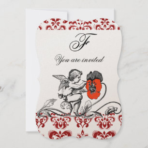 ANGEL PAINTING A RED FLOWER DAMASK MONOGRAM INVITATION
