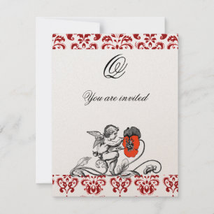 ANGEL PAINTING A RED FLOWER DAMASK MONOGRAM INVITATION