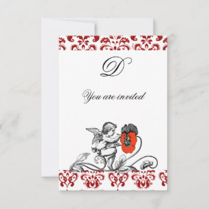 ANGEL PAINTING A RED FLOWER DAMASK MONOGRAM INVITATION
