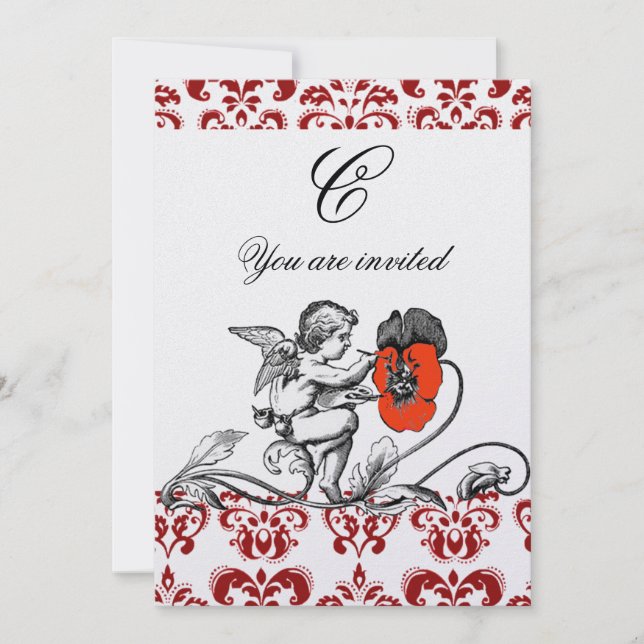 ANGEL PAINTING A RED FLOWER DAMASK MONOGRAM Pearl Invitation (Front)