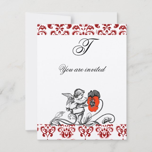 ANGEL PAINTING A RED FLOWER DAMASK MONOGRAM Silver Invitation (Front)