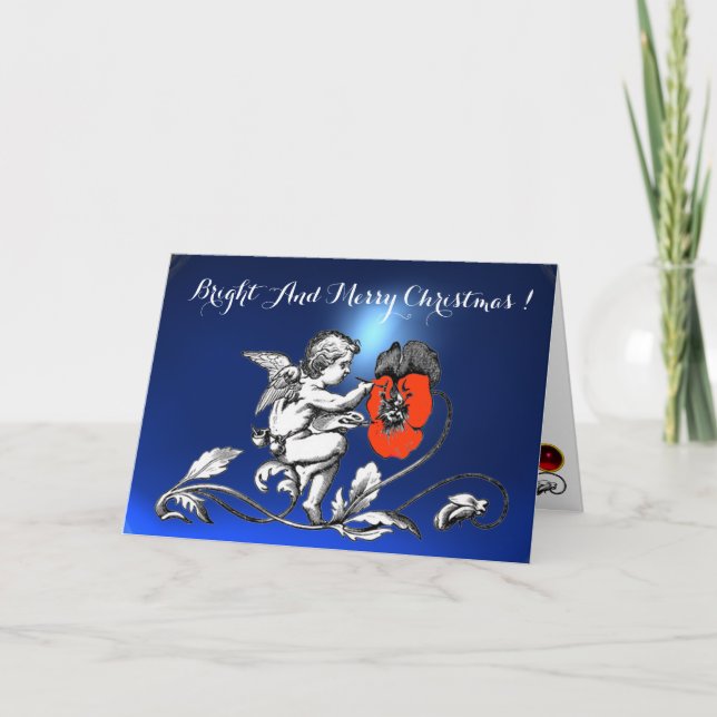 ANGEL PAINTING A RED FLOWER IN BLUE Black White Holiday Card (Front)