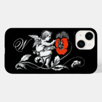 ANGEL PAINTING A RED FLOWER,MONOGRAM ,Black