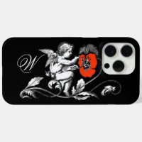 ANGEL PAINTING A RED FLOWER,MONOGRAM ,Black