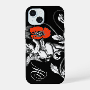 ANGEL PAINTING A RED FLOWER,MONOGRAM ,Black iPhone 15 Case