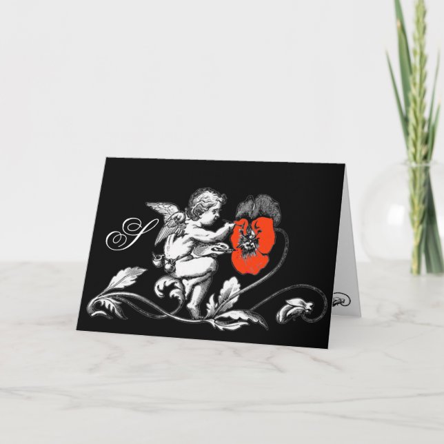 ANGEL PAINTING A RED FLOWER  MONOGRAM NOTE CARD (Front)