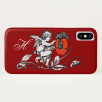 ANGEL PAINTING A RED FLOWER,MONOGRAM ,Red