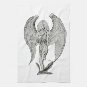 Angel , Pencil Art , black and white design Tea Towel