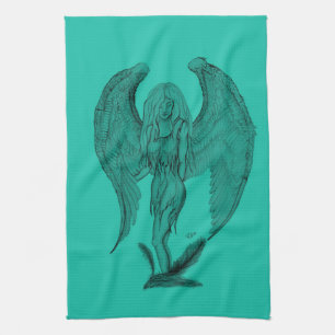 Angel , Pencil Art , green black design Tea Towel