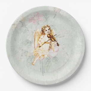 Angel Playing a Violin on a Shabby Vintage Texture Paper Plate