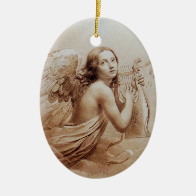 ANGEL PLAYING LYRA OVER THE CLOUDS brown Ceramic Tree Decoration (Front)