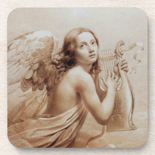 ANGEL PLAYING LYRA OVER THE CLOUDS brown Coaster (Front)