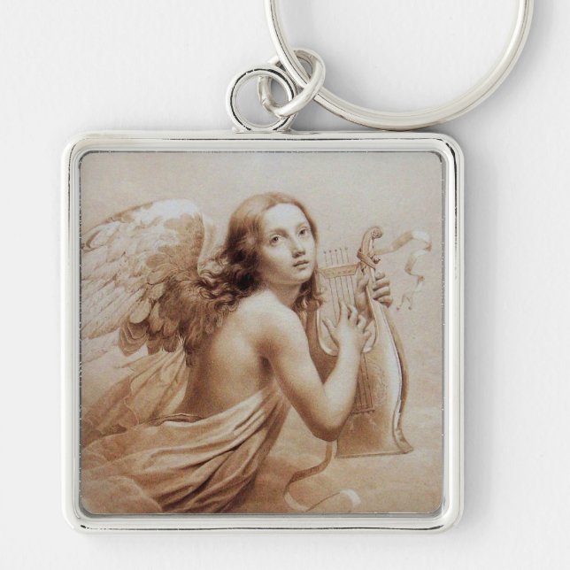 ANGEL PLAYING LYRA OVER THE CLOUDS brown Key Ring (Front)