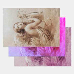 ANGEL PLAYING LYRA OVER THE CLOUDS Brown Pink Wrapping Paper Sheet