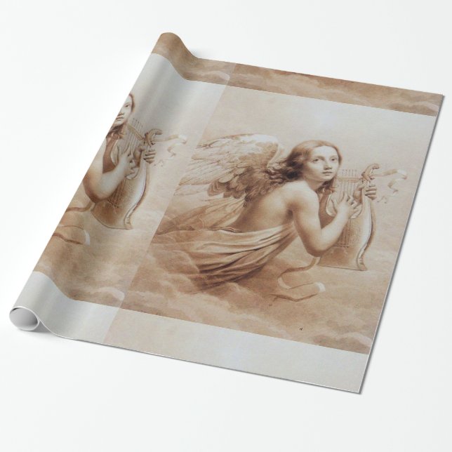 ANGEL PLAYING LYRA OVER THE CLOUDS brown Wrapping Paper (Unrolled)