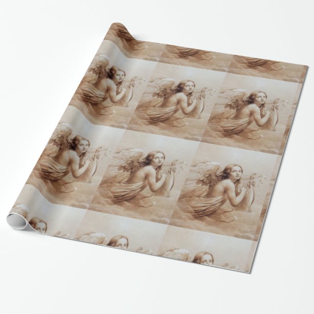 ANGEL PLAYING LYRA OVER THE CLOUDS brown Wrapping Paper (Unrolled)