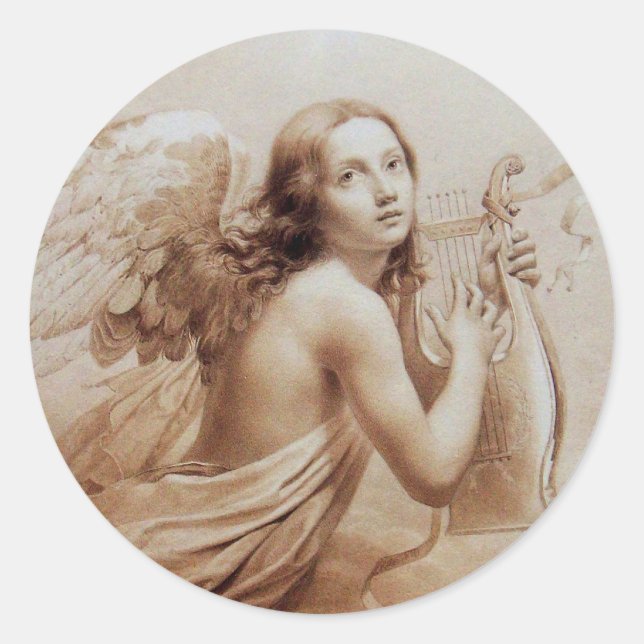 ANGEL PLAYING LYRA OVER THE CLOUDS CLASSIC ROUND STICKER (Front)