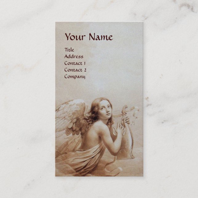 ANGEL PLAYING LYRA OVER THE CLOUDS Monogram Gold Business Card (Front)