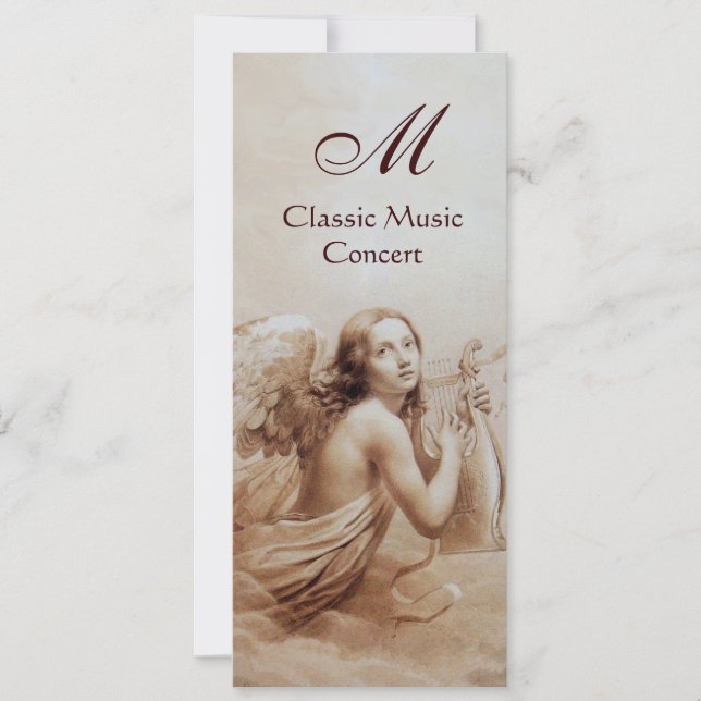 ANGEL PLAYING LYRA OVER THE CLOUDS, Monogram Gold Invitation (Front)