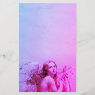 ANGEL PLAYING LYRA OVER THE CLOUDS Pink Blue Stationery