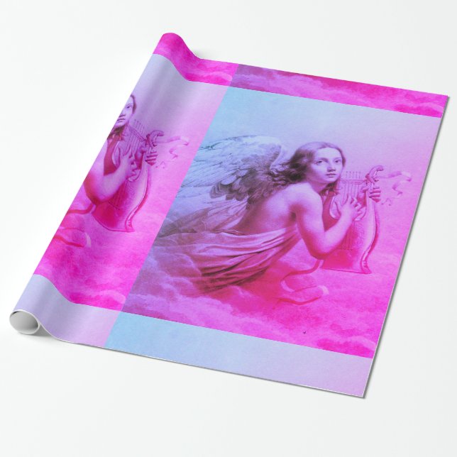 ANGEL PLAYING LYRA OVER THE CLOUDS Pink Blue Wrapping Paper (Unrolled)