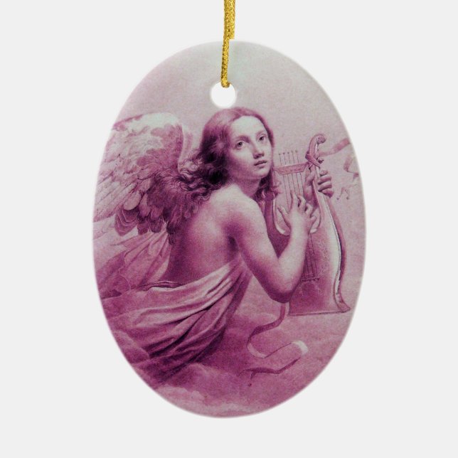 ANGEL PLAYING LYRA OVER THE CLOUDS pink Ceramic Ornament (Front)