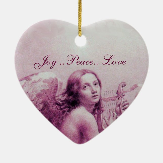 ANGEL PLAYING LYRA OVER THE CLOUDS Pink Heart Ceramic Tree Decoration (Back)