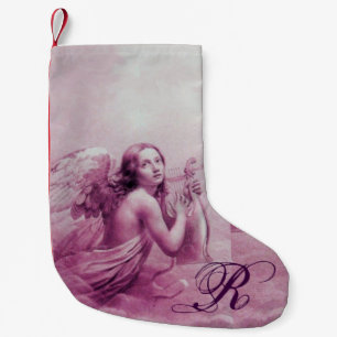 ANGEL PLAYING LYRA OVER THE CLOUDS Pink Monogram Small Christmas Stocking