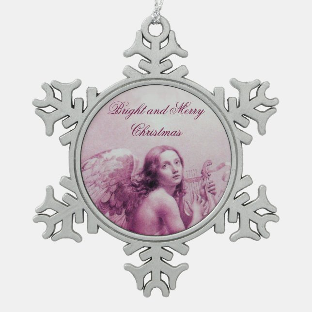 ANGEL PLAYING LYRA OVER THE CLOUDS Pink Snowflake Pewter Christmas Ornament (Front)