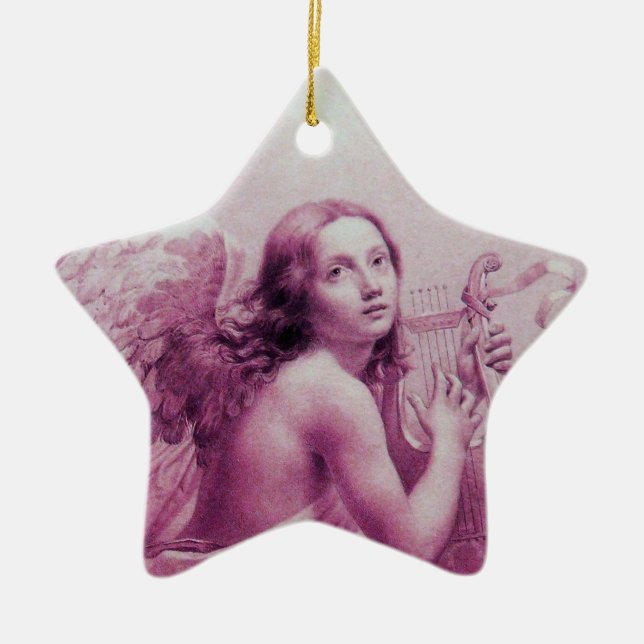 ANGEL PLAYING LYRA OVER THE CLOUDS Pink Star Ceramic Ornament (Front)