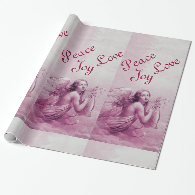 ANGEL PLAYING LYRA OVER THE CLOUDS Pink Wrapping Paper (Unrolled)