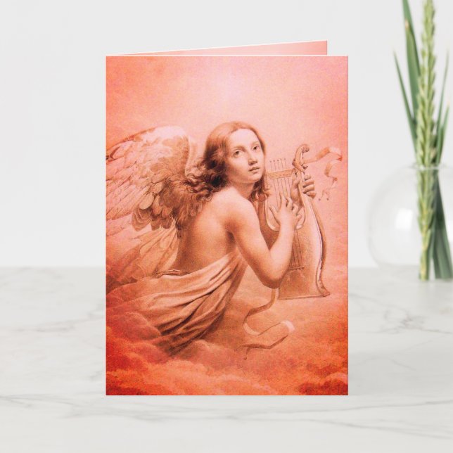 ANGEL PLAYING LYRA OVER THE CLOUDS Red Hue Holiday Card (Front)
