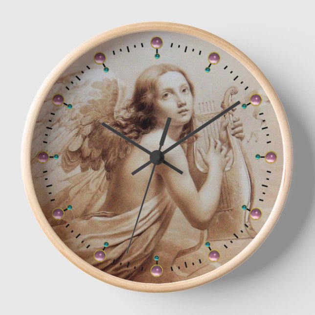 ANGEL PLAYING LYRA OVER THE CLOUDS Sepia Brown Wall Clock (Front)