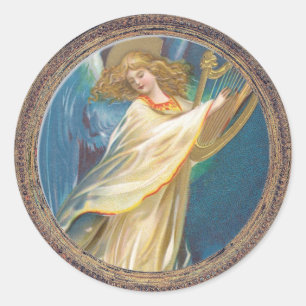 Angel Playing Music On A Harp Classic Round Sticker