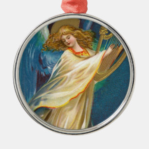 Angel Playing Music On A Harp Metal Ornament