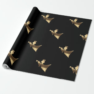 Angel playing Trumpet Black Gold Christmas Wrapping Paper