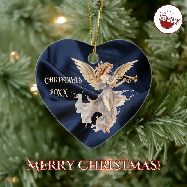 Angel Playing Trumpet Blue Heart Shaped Christmas Ceramic Ornament (Creator Uploaded)