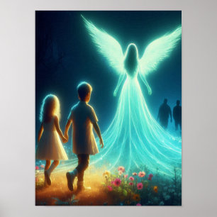 Angel Protecting Two Small Children in the Night Poster
