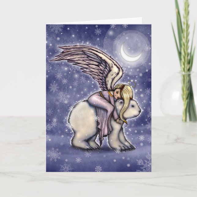 Angel riding Polar Bear Christmas Holiday Art Card (Front)