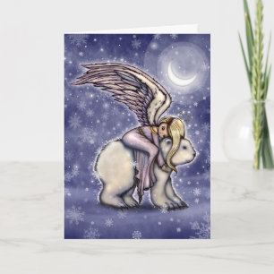 Angel riding Polar Bear Christmas Holiday Art Card