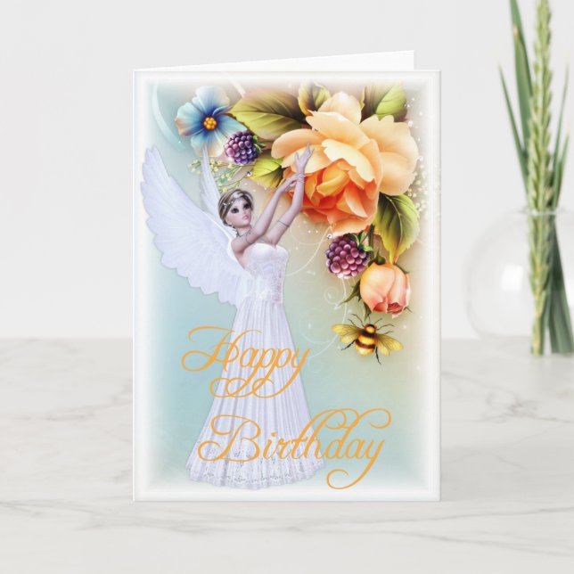Angel & Roses Happy Birthday Greeting Card d2 (Front)