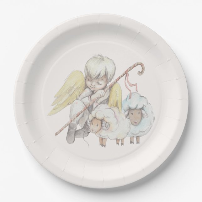 Angel Shepherd with Lambs Pastoral Paper Plate (Front)