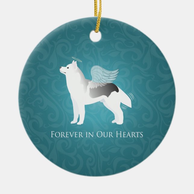 Angel Silver Siberian Husky Dog Pet Memorial Ceramic Ornament (Front)