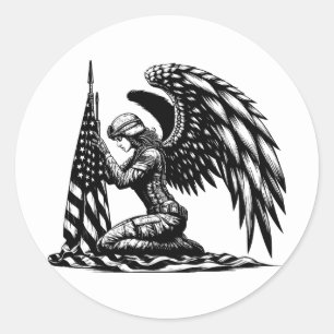 angel soldier woman USA Flag Patriotic Art Classic Round Sticker