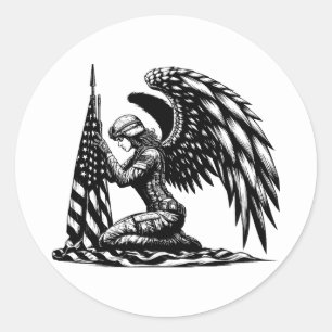 angel soldier woman USA Flag Patriotic Art Classic Round Sticker