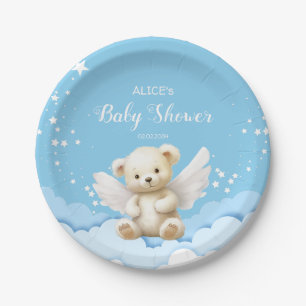 Angel Teddy Bear on Clouds Baby Blue Paper Plate