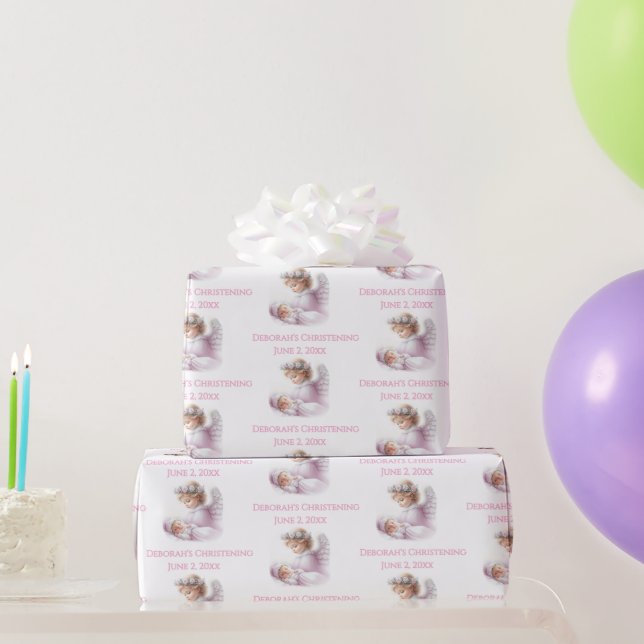 Angel Watching Over Baby Girl Baptism Wrapping Paper (Party Gifts)