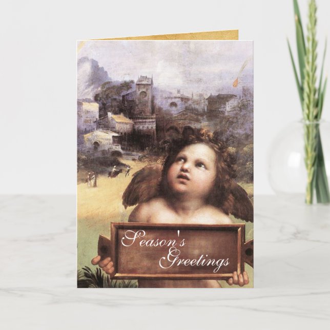 ANGEL ,Winged Cherub ,Blue Sapphire,Parchment Holiday Card (Front)